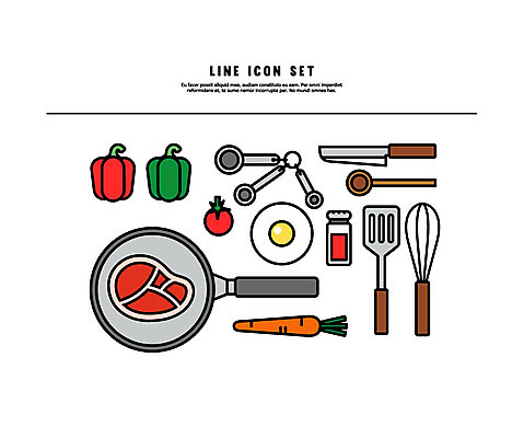 아이콘 피망 육류 스테이크 사람없음 세트 당근 프라이팬 칼 티스푼 계란프라이 라인아이콘 거품기 뒤집개 고춧가루 볼드라인 2D아이콘 AI파일 채소 식재료 주방용품 뿌리채소 서양음식 숟가락 계란요리 가루 파일형식 벡터