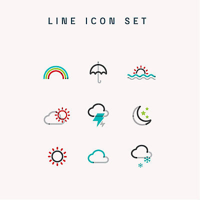 구름 아이콘 무지개 우산 날씨 사람없음 세트 태양 눈 초승달 번개 라인아이콘 흐림 2D아이콘 AI파일 자연요소 달 파일형식 벡터