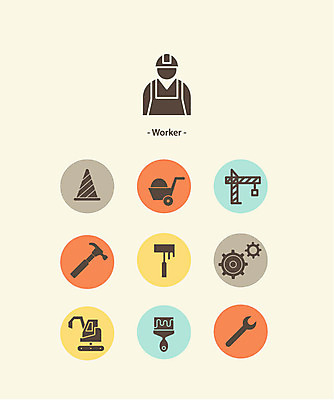 아이콘 노동자 사람없음 세트 픽토그램 수레 공구 망치 포크레인 픽토그램아이콘 기중기 톱니바퀴 페인트붓 페인트롤러 칼라콘 2D아이콘 AI파일 직업 카트 도구 붓 중장비 안전장비 파일형식 벡터