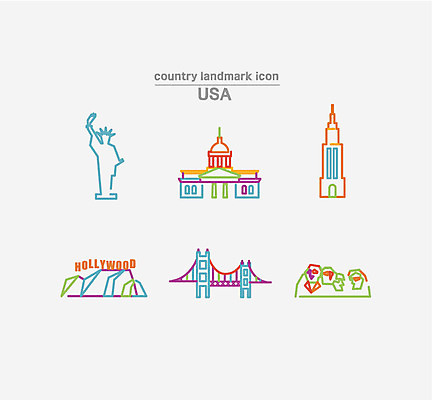 아이콘 사람없음 세트 미국 라인아이콘 자유의여신상 금문교 할리우드 백악관 엠파이어스테이트빌딩 러쉬모어 2D아이콘 AI파일 북아메리카 산 빌딩 세계문화유산 다리_건축물 로스앤젤레스 파일형식 벡터
