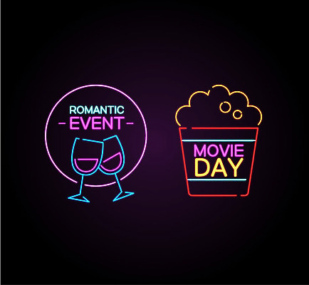 아이콘 프레임 이벤트 사람없음 세트 라벨 와인 로맨틱 영화 네온 팝콘 네온아트 2D아이콘 AI파일 컨셉 문화예술 주류 파일형식 벡터