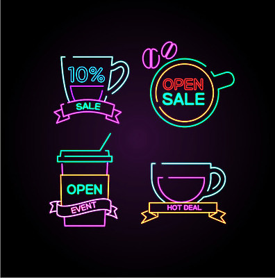 아이콘 커피 프레임 이벤트 사람없음 세트 라벨 세일 카페 원두 오픈 커피잔 네온 테이크아웃컵 네온아트 2D아이콘 AI파일 음료 잔 컵 상점 파일형식 벡터