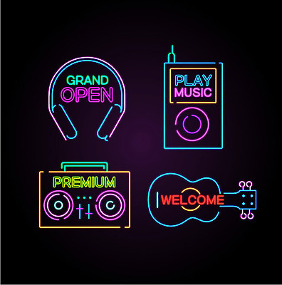 아이콘 음악 프레임 이벤트 사람없음 세트 라벨 헤드폰 기타 오픈 MP3 라디오 네온 오디오 웰컴 프리미엄 네온아트 2D아이콘 AI파일 음향기기 현악기 문화예술 전자제품 파일형식 벡터