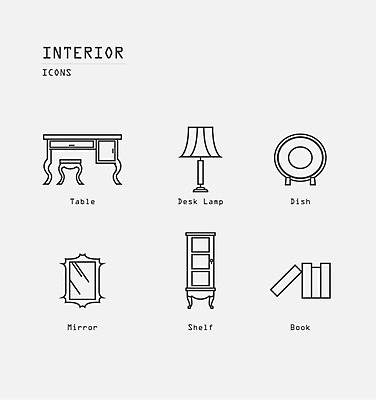 아이콘 접시 의자 탁자 선반 사람없음 책 인테리어 세트 거울 램프 라인아이콘 2D아이콘 AI파일 식기 디자인 가구 조명 파일형식 벡터