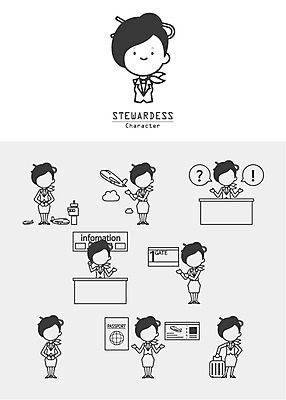 아이콘 여자 비행기 안내 여러명 세트 여행가방 승무원 항공권 라인아이콘 여권 얼굴없음 2D아이콘 AI파일 직업 다수 가방 항공교통 대중교통 사람 티켓 파일형식 벡터