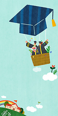 PSD 구름 여자 남자 꽃다발 무지개 일러스트 학사모 졸업 학교 청소년 하늘 졸업생 상반신 두명 새싹 열기구 졸업가운 국내일러스트 자연요소 식물 모자_잡화 교육 꽃 항공교통 사람 가운 파일형식