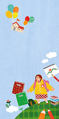 전신 PSD 나무 구름 여자 어린이 일러스트 학교 하늘 색연필 한명 책 공책 유치원 유치원생 스케치북 입학 풍선 국내일러스트 자연요소 식물 1 교육 문구용품 학용품 사람 파일형식