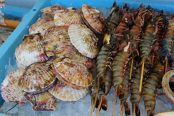 포토 JPG 주간 음식 사람없음 야외 일본 얼음 전시 꼬치 대하 해산물 가리비 어시장 이바라키 국내포토 자연요소 아시아 조개 새우 시장 파일형식