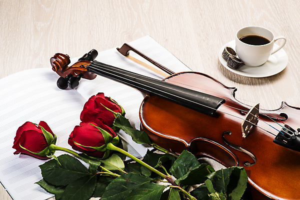 포토 JPG 해외이미지 커피 사람없음 장미 우아함 커피잔 바이올린 악보 나무바닥 바이올린활 차받침대 해외202004 해외포토 꽃 음료 음악 컨셉 현악기 잔 바닥 받침대 파일형식 이미지허브