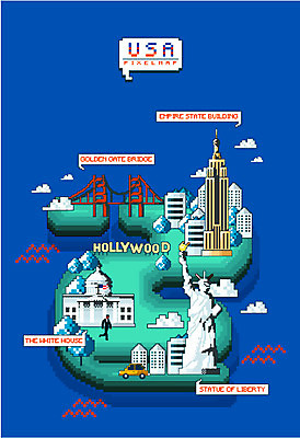 전신 나무 지도 일러스트 자동차 한명 사람 미국 자유의여신상 금문교 할리우드 백악관 엠파이어스테이트빌딩 픽셀 국내일러스트 AI파일 식물 1 육상교통 북아메리카 빌딩 세계문화유산 다리_건축물 로스앤젤레스 파일형식 벡터