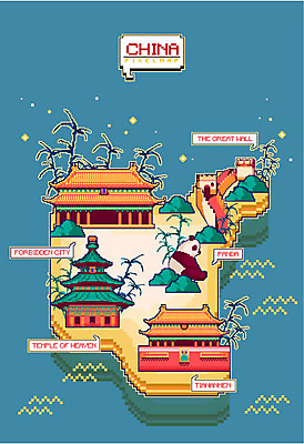 지도 일러스트 사람없음 중국 판다 대나무 자금성 만리장성 천단공원 천안문 픽셀 국내일러스트 AI파일 나무 아시아 곰 궁전 세계문화유산 성 베이징 제단 파일형식 벡터