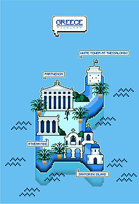 전신 지도 일러스트 한명 사람 야자수 탑 그리스 산토리니 파르테논신전 픽셀 아테나니케신전 테살로니키화이트타워 국내일러스트 AI파일 나무 1 건축물 유럽 신전 파일형식 벡터