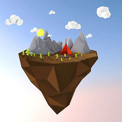 PSD 나무 구름 편집이미지 섬 산 텐트 사람없음 그래픽 태양 3D 캠핑 바위 모닥불 디지털합성 폴리곤 로우폴리 편집3D 자연요소 식물 불 레저 캠핑도구 돌_바위 파일형식