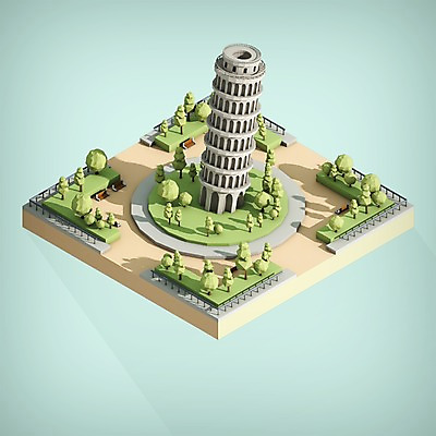 PSD 나무 편집이미지 공원 벤치 의자 사람없음 그래픽 담장 3D 이탈리아 디지털합성 피사의사탑 아이소메트릭 랜드마크 팝업일러스트 폴리곤 로우폴리 편집3D 식물 공공시설 유럽 가구 세계문화유산 파일형식