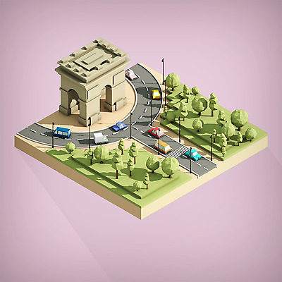 PSD 나무 편집이미지 공원 도로 가로등 자동차 버스 사람없음 그래픽 3D 트럭 프랑스 디지털합성 개선문 파리_프랑스 아이소메트릭 랜드마크 차고 팝업일러스트 폴리곤 로우폴리 편집3D 식물 공공시설 유럽 길 육상교통 교통시설 대중교통 파일형식