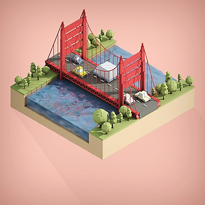 PSD 나무 편집이미지 도로 자동차 사람없음 그래픽 강 3D 미국 트럭 디지털합성 아이소메트릭 금문교 랜드마크 샌프란시스코 팝업일러스트 폴리곤 로우폴리 편집3D 식물 길 육상교통 북아메리카 교통시설 다리_건축물 파일형식