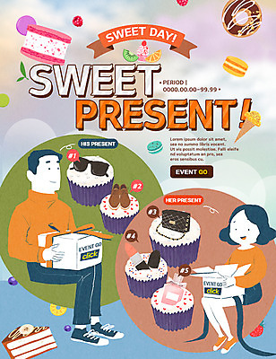 PSD 템플릿 커플 여자 남자 웹템플릿 이벤트페이지 선물 사랑 이벤트 두명 도넛 달콤 컵케이크 마카롱 이미지템플릿 감정 관계 디저트 사람 케이크 맛 페이지 파일형식