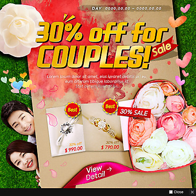 PSD 템플릿 커플 여자 남자 웹템플릿 팝업 이벤트팝업 웹팝업 사랑 성인 두명 30대 장미 세일 한국인 하트 반지 이미지템플릿 모양 꽃 감정 장신구 관계 사람 동양인 장년 파일형식