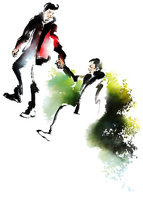 전신 PSD 나무 남자 일러스트 캘리그라피 붓터치 성인 두명 손잡기 등산 번짐 국내일러스트 식물 모션 사람 트래킹 파일형식 효과