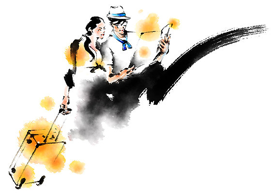 PSD 응시 여자 남자 지도 일러스트 캘리그라피 붓터치 상반신 성인 두명 캐리어 번짐 국내일러스트 시선 사람 여행가방 파일형식 효과