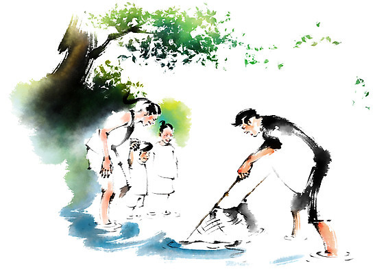 PSD 나무 여자 남자 어린이 일러스트 캘리그라피 가족 여러명 상반신 성인 그물 개울 번짐 물고기잡기 국내일러스트 식물 다수 관계 사람 강 잡기 파일형식 효과