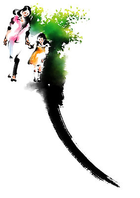 전신 PSD 나무 여자 어린이 일러스트 캘리그라피 붓터치 성인 두명 손잡기 번짐 국내일러스트 식물 모션 사람 파일형식 효과