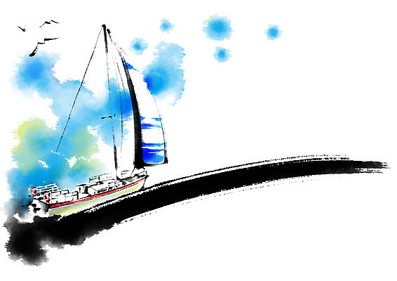 PSD 바다 하늘색 일러스트 캘리그라피 갈매기 붓터치 사람없음 번짐 선박 국내일러스트 수상교통 조류 파란색 파일형식 효과