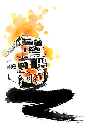 PSD 일러스트 캘리그라피 붓터치 사람없음 노란색 번짐 이층버스 국내일러스트 컬러 버스 파일형식 효과