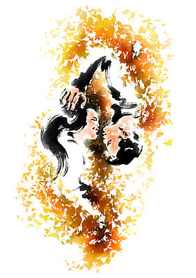 PSD 커플 여자 남자 낙엽 일러스트 캘리그라피 상반신 성인 두명 눕기 마주보기 가을 국내일러스트 계절 잎 관계 모션 사람 파일형식