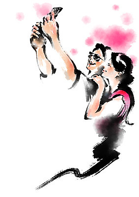 PSD 커플 여자 남자 분홍색 일러스트 캘리그라피 붓터치 상반신 성인 두명 셀프카메라 번짐 국내일러스트 컬러 관계 사람 사진촬영 파일형식 효과