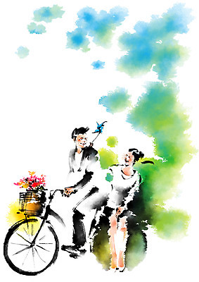 전신 PSD 커플 여자 남자 꽃 일러스트 캘리그라피 성인 두명 자전거 바람개비 즐거움 번짐 국내일러스트 식물 감정 관계 사람 바이크 파일형식 효과