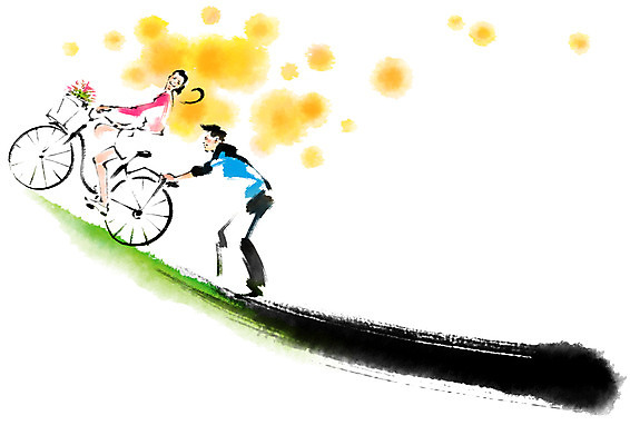 전신 PSD 커플 여자 남자 꽃 일러스트 캘리그라피 붓터치 성인 두명 자전거 밀기 번짐 국내일러스트 식물 관계 모션 사람 바이크 파일형식 효과