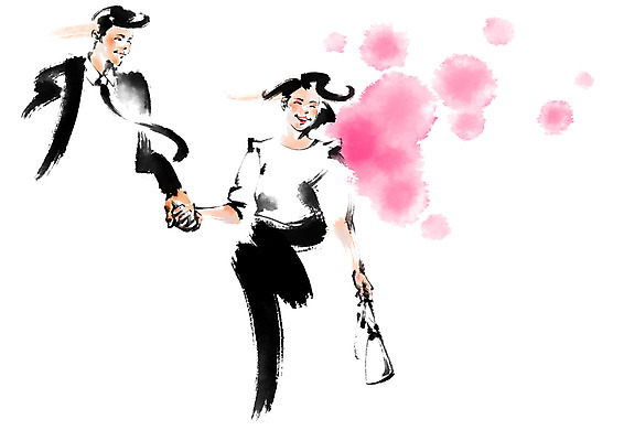 PSD 커플 여자 남자 분홍색 일러스트 캘리그라피 붓터치 웃음 상반신 성인 두명 달리기 손잡기 번짐 국내일러스트 컬러 관계 모션 표정 사람 파일형식 효과