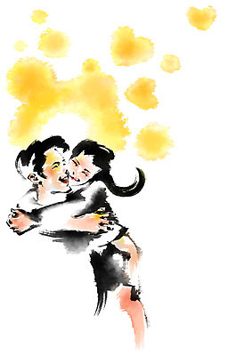 PSD 커플 여자 남자 일러스트 캘리그라피 안기 상반신 성인 두명 노란색 하트 번짐 국내일러스트 모양 컬러 관계 모션 사람 파일형식 효과