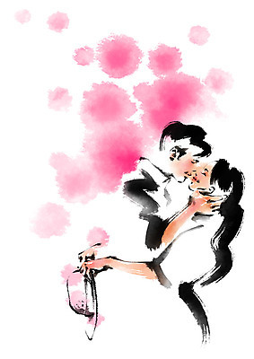 PSD 모자 커플 여자 남자 분홍색 일러스트 캘리그라피 키스 상반신 성인 두명 번짐 국내일러스트 잡화 컬러 관계 사람 애정표현 파일형식 효과