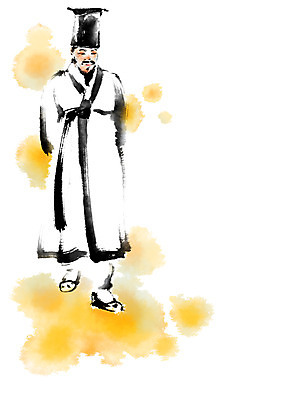 전신 PSD 남자 일러스트 캘리그라피 한명 성인 노란색 한복 번짐 훈장님 국내일러스트 1 한국전통 컬러 사람 교사 전통의상 파일형식 효과