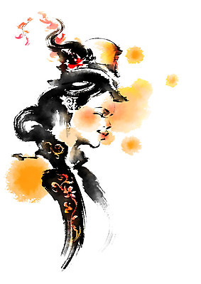 PSD 모자 여자 일러스트 캘리그라피 붓터치 한명 상반신 성인 노란색 번짐 국내일러스트 1 잡화 컬러 사람 파일형식 효과