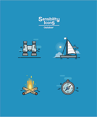 아이콘 바다 아웃도어 사람없음 태양 망원경 캠핑 나침반 돛단배 모닥불 감성 2D아이콘 AI파일 자연요소 컨셉 배_교통 불 레저 파일형식 벡터