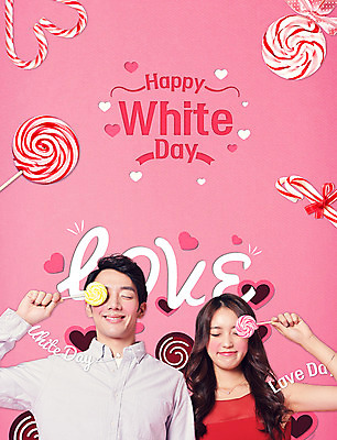 PSD 편집 편집이미지 커플 여자 남자 화이트데이 데이이벤트 사탕 사랑 미소 상반신 20대 성인 두명 앞모습 눈감음 한국인 성인만 이미지편집 기념일 감정 뷰포인트 관계 모션 디저트 표정 사람 동양인 청년 파일형식