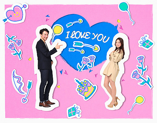 전신 PSD 편집 편집이미지 커플 여자 남자 데이이벤트 화살 사랑 20대 성인 두명 선물상자 케이크 한국인 하트 풍선 프로포즈데이 성인만 이미지편집 모양 기념일 감정 관계 디저트 선물 사람 동양인 청년 상자 파일형식