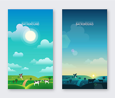 나무 구름 백그라운드 여러마리 일러스트 풍경 초원 사람없음 맑음 목장 풍차 비교 젖소 국내일러스트 AI파일 자연요소 식물 다수 컨셉 날씨 소 파일형식 벡터