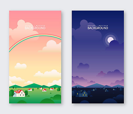 백그라운드 무지개 일러스트 산 주택 풍경 초원 사람없음 마을 맑음 달 비교 야간 국내일러스트 AI파일 자연요소 컨셉 날씨 건물 파일형식 벡터
