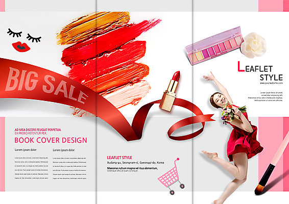 PSD 템플릿 표지디자인 북디자인 출판디자인 여자 표지 리본 리플렛 꽃다발 북커버 3단접지 한명 이벤트 팜플렛 20대 성인 쇼핑 뷰티 점프 쇼핑카 한국인 립스틱 춤 립브러쉬 빅세일 섀도우브러쉬 이미지템플릿 1 꽃 모션 문화예술 사람 동양인 청년 세일 카트 화장품 메이크업브러쉬 파일형식