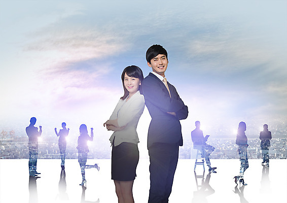 PSD 구름 편집 편집이미지 여자 남자 실루엣 비즈니스 하늘 웃음 여러명 20대 성인 팔짱 한국인 등맞대기 도시 비즈니스맨 비즈니스우먼 이미지편집 자연요소 다수 모션 촬영기법 표정 사람 동양인 청년 직장인 파일형식