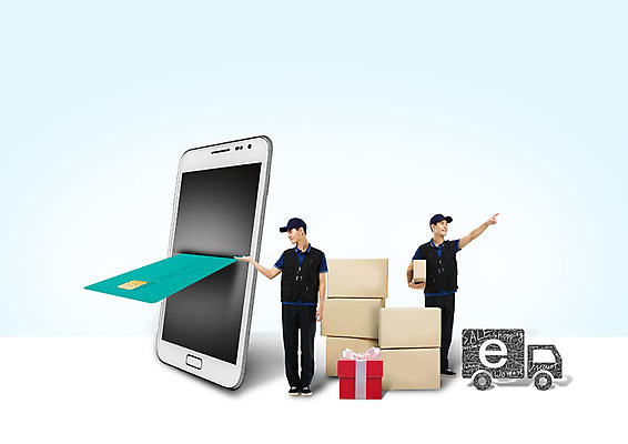 전신 PSD 편집 편집이미지 남자 모바일 안내 서기 성인 두명 선물상자 스마트폰 상자 한국인 가리킴 신용카드 택배기사 택배 모바일쇼핑 탑차 이미지편집 모션 선물 사람 동양인 손짓 금융 핸드폰 스마트기기 트럭 운송업 배달원 온라인쇼핑 파일형식