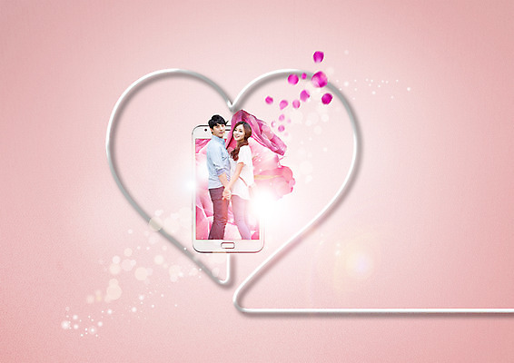 PSD 편집 편집이미지 커플 여자 남자 꽃잎 서기 20대 성인 두명 옆모습 스마트폰 손잡기 한국인 하트 이미지편집 모양 꽃 뷰포인트 관계 모션 사람 동양인 청년 핸드폰 스마트기기 파일형식