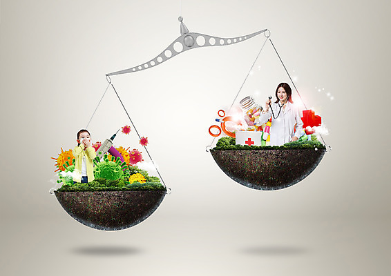 PSD 편집 편집이미지 여자 어린이 의학 청진기 주사기 마스크 상반신 20대 성인 두명 알약 한국인 의사 구급상자 약병 십자 양팔저울 박테리아 이미지편집 의료기기 저울 사람 동양인 청년 약 의료진 의료용품 병_담는 파일형식