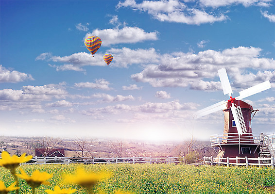 PSD 구름 편집 편집이미지 여행 꽃밭 하늘 사람없음 울타리 풍차 열기구 이미지편집 자연요소 꽃 항공교통 담장 파일형식