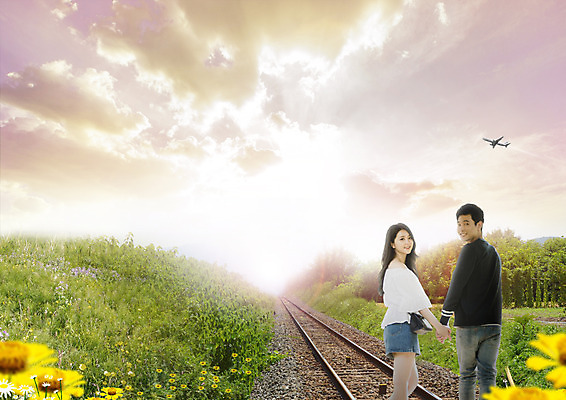 PSD 구름 편집 편집이미지 커플 여자 남자 꽃 여행 하늘 비행기 웃음 20대 성인 두명 뒷모습 노을 손잡기 기찻길 한국인 뒤돌아보기 철도의날 이미지편집 자연요소 식물 뷰포인트 관계 항공교통 모션 대중교통 표정 사람 동양인 청년 파일형식 법정기념일