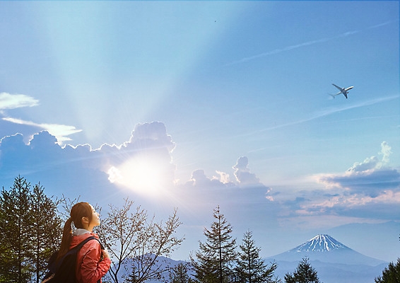 PSD 나무 구름 편집 편집이미지 여자 여행 배낭 하늘 산 비행기 한명 상반신 20대 성인 옆모습 햇빛 등산 한국인 안식처 이미지편집 자연요소 식물 1 뷰포인트 가방 항공교통 휴식 대중교통 사람 동양인 청년 태양 트래킹 파일형식